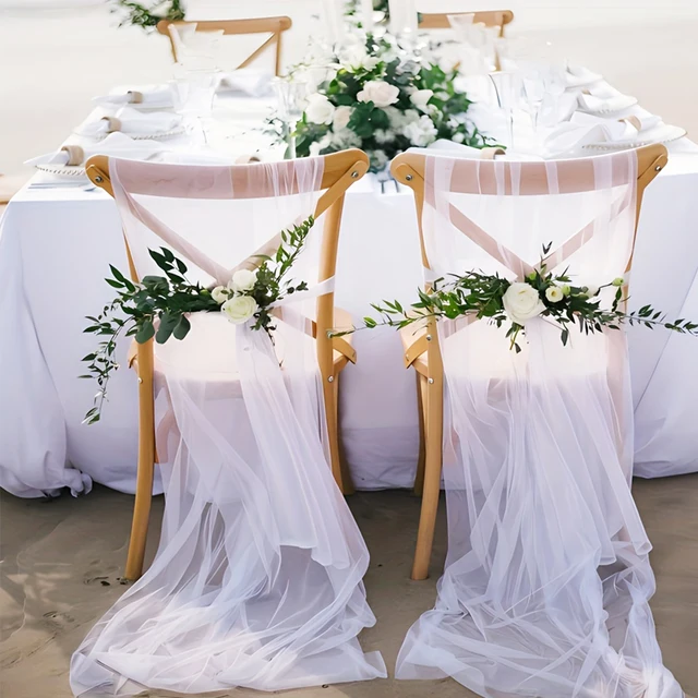 6 pièces 100x160cm blanc en mousseline de soie chaise de mariage dos voile chaise ceintures de chaise de mariage couvre ruban fête de mariage allée chaise décor 2