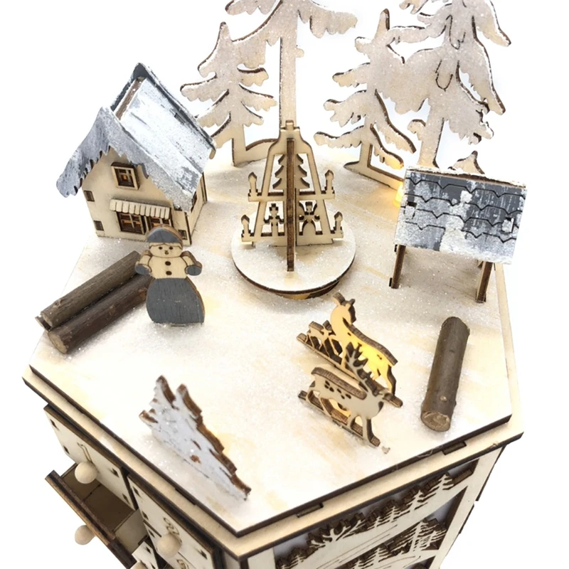 Christmas Wooden Advent Calendar Countdown Decoration 24 Drawers with LED Light Rotating Music Ornament Party Decor