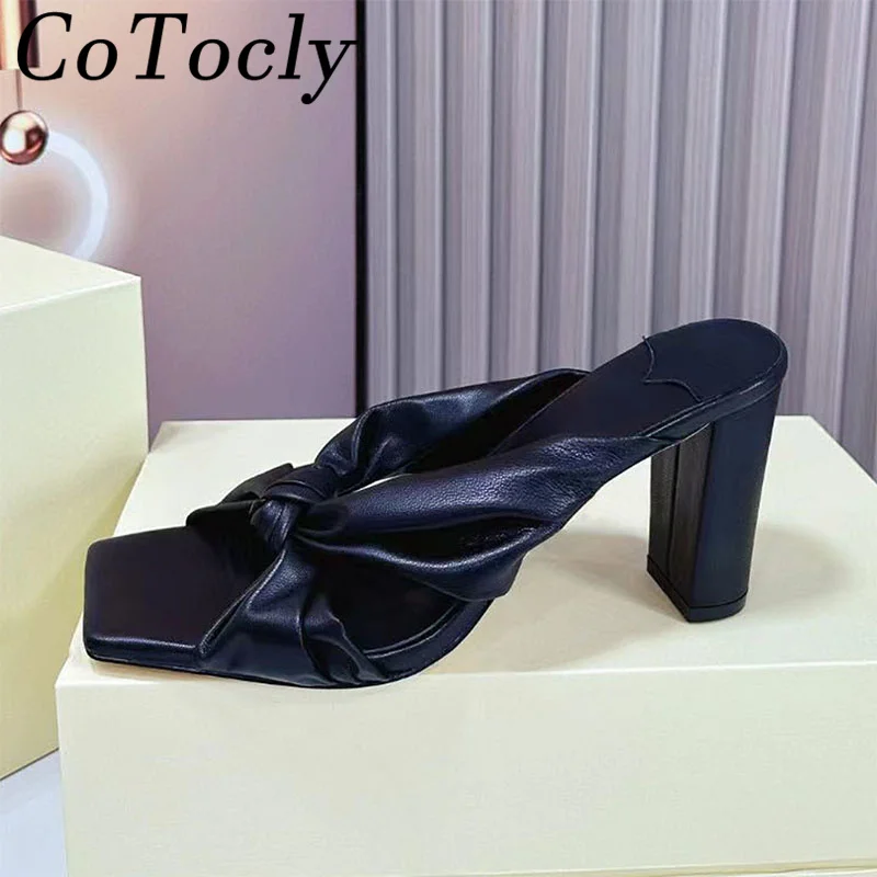 

Sexy High Heels Slippers Woman Peep Toe Genuine Leather Mules Pleated Butterfly-knot Slides Summer High Heels Sandals Women