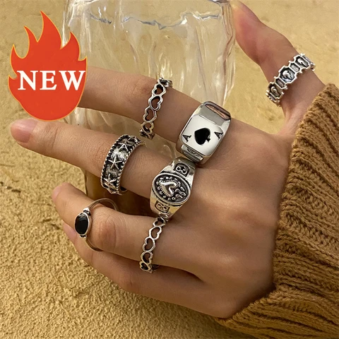 Vintage Rings Set for Women Men Aesthatic Retro Punk Silver Plated Heart Flower Butterfly Chain Finger Ring Jewelry 2022