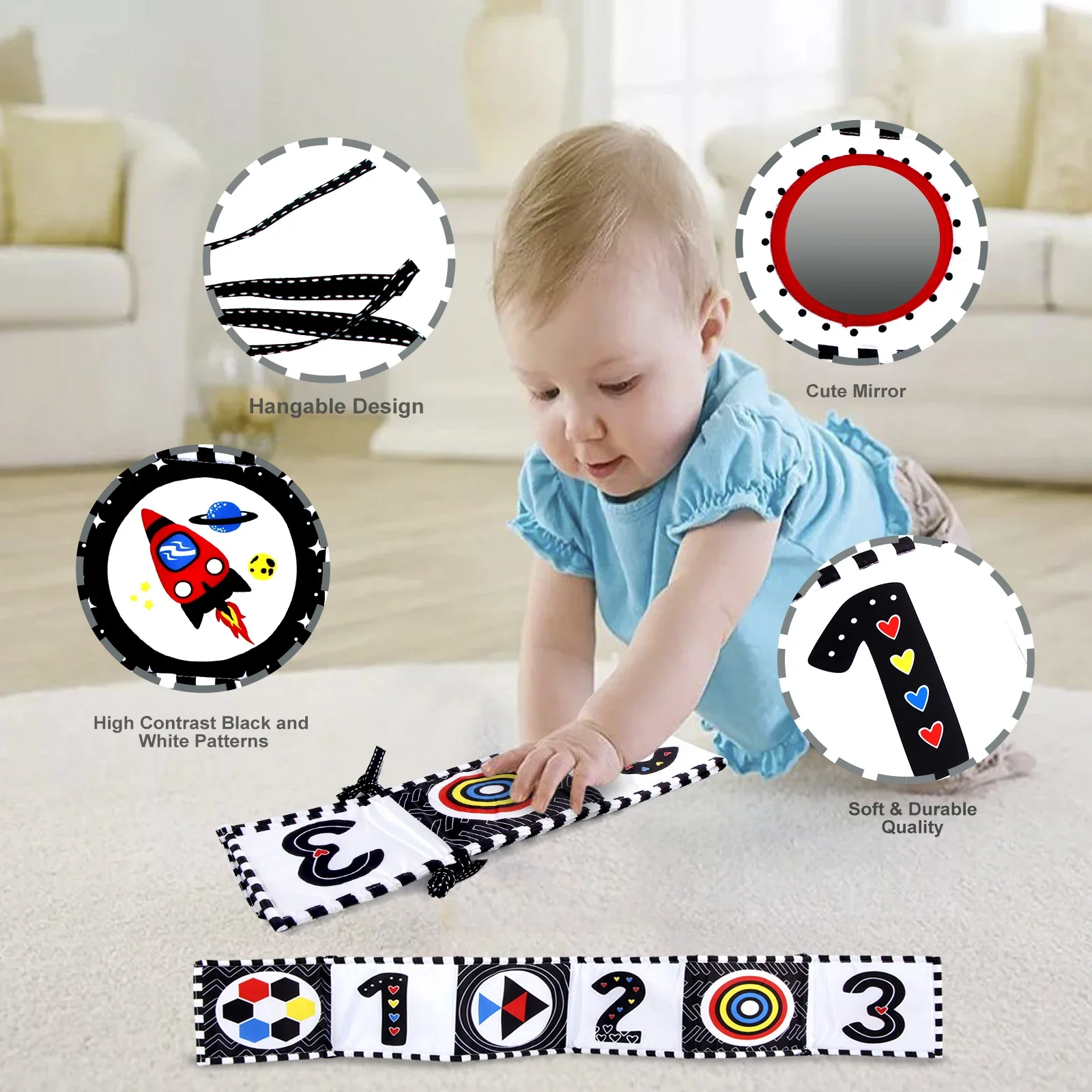 Libro di stoffa da comodino per bambini 0-12 mesi giocattoli sensoriali per bambini libri di stoffa per animali in bianco e nero giocattoli per culla per neonati libro per bambini Montessori - immagine 4