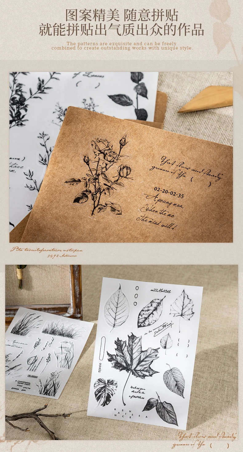 2 Stück Vintage-Aufkleber, Materialpaket, DIY-Etiketten, Nachrichtenboden, Retro-Pflanze, Handkonto, dekorative Scrapbooking-Aufkleber – Detail 6