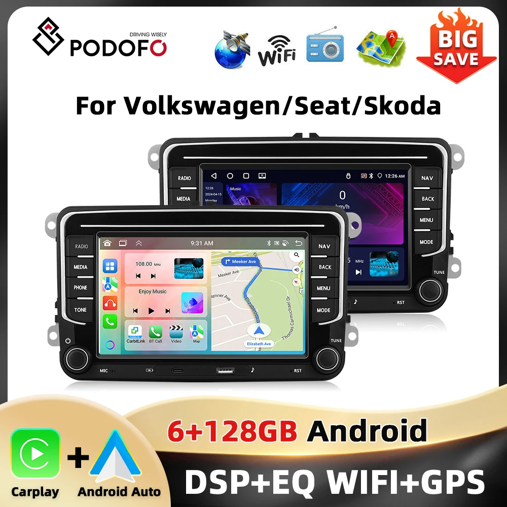 Podofo 6 + 128G 7 ''estéreo de coche para VW/PASSAT/CADDY/POLO/BEETLE reproductor Multimedia Carplay Android Auto tipo C WIFI GPS Audio de coche 1