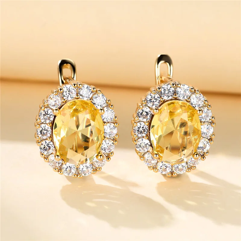 Luxury Crystal Yellow Oval Stone Earrings Multicolor Zircon Small Wedding Jewelry For Women
