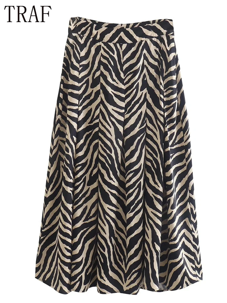TRAF Zar Zebra Midi Skirt Woman High Waist Elegant Long Skirts Women