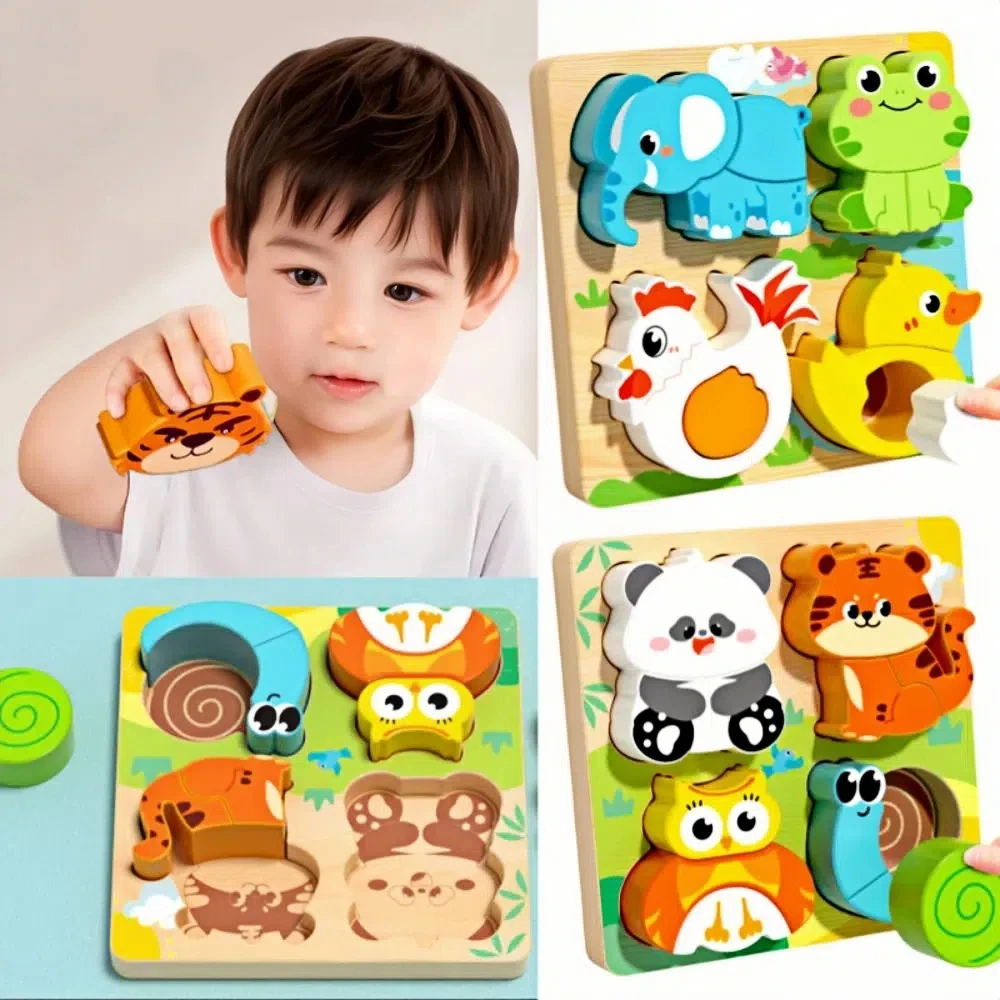 4-in-1 Wood Puzzle 3D Cartoon Animals Cognitive Jigsaw Puzzle Portable Safe Early Learning Puzzle Set Children Educational Toys