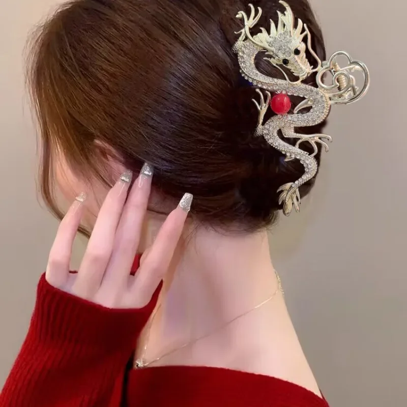 2024 New Chinese Dragon Year Hair Clips Hair Accessories for Women Girl Red Bead Metal Rhinestone Hair Pin Fashion Jewelry Tiara 1