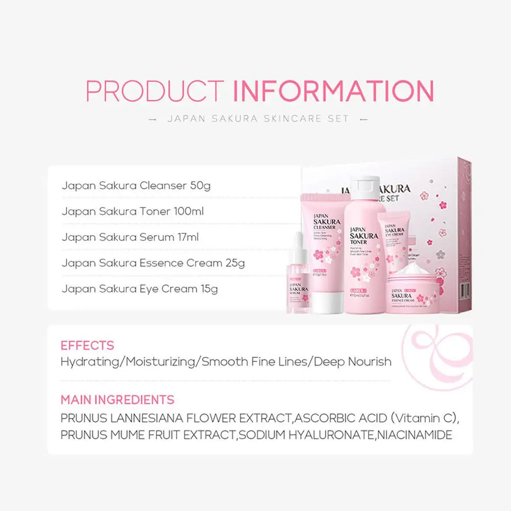 Sakura Skin Care Set - Cleanser Serum Eye Cream Facial Cream  Sunscreen Travel Kit for Women