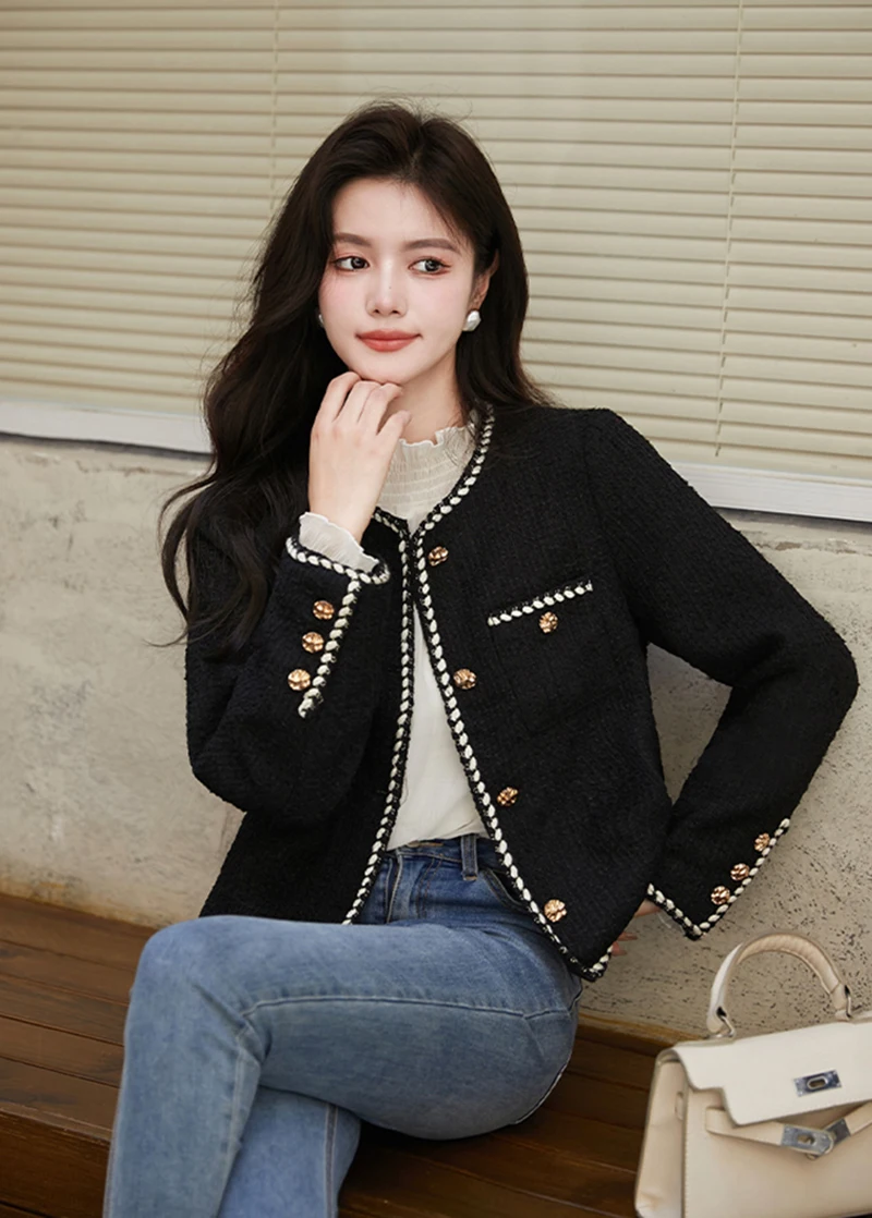 Vintage Cropped Tweed Jacket Women Black Quilted Coat Elegant Blazer Winter Ladies Single Breasted Thicken Outerwear Tops