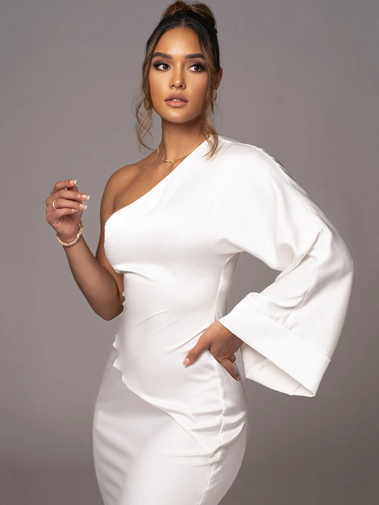 -Elegant Long Sleeved Party Evening Dress for Women, Flared Sleeves, Single Shoulder Bodycon, Maxi Dress, Backless Gown