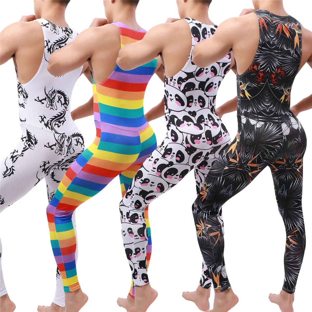 YUFEIDA Sexy Mens Undershirt Legging Pajama Male Breathable Jumpsuit Leotard Underwear Rainbow Print Wrestling Singlet Bodysuits