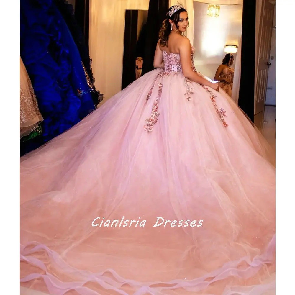 

Розовый корсет без рукавов с иллюзией, платья для Quinceanera, бальное платье с 3D цветами, бисером, аппликациями, кружевные милые платья 16 лет