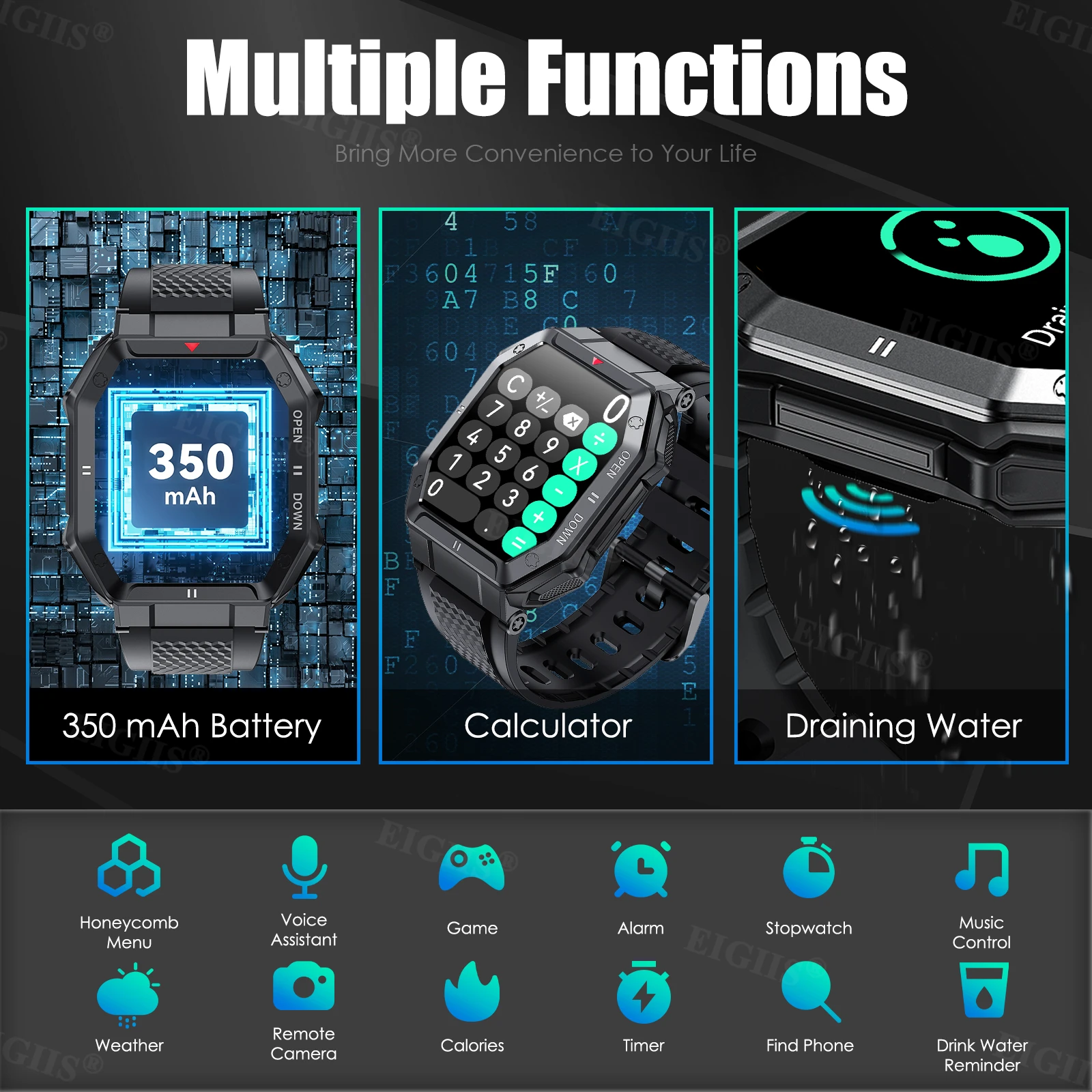EIGIIS 1.85'' HD New Military Smart Watch Men Bluetooth Call Heart Rate Blood Oxygen Detection Sport Smartwatch For Android IOS - Image 4