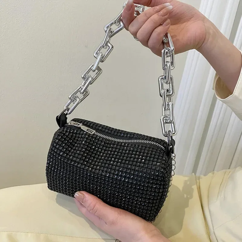 Full Version Rhinestone Bucket Tote Bag, Stylish Sparkling Chain Ball Pillow Shoulder Bag, Women's Mini Hand-Held Crossbody Bag