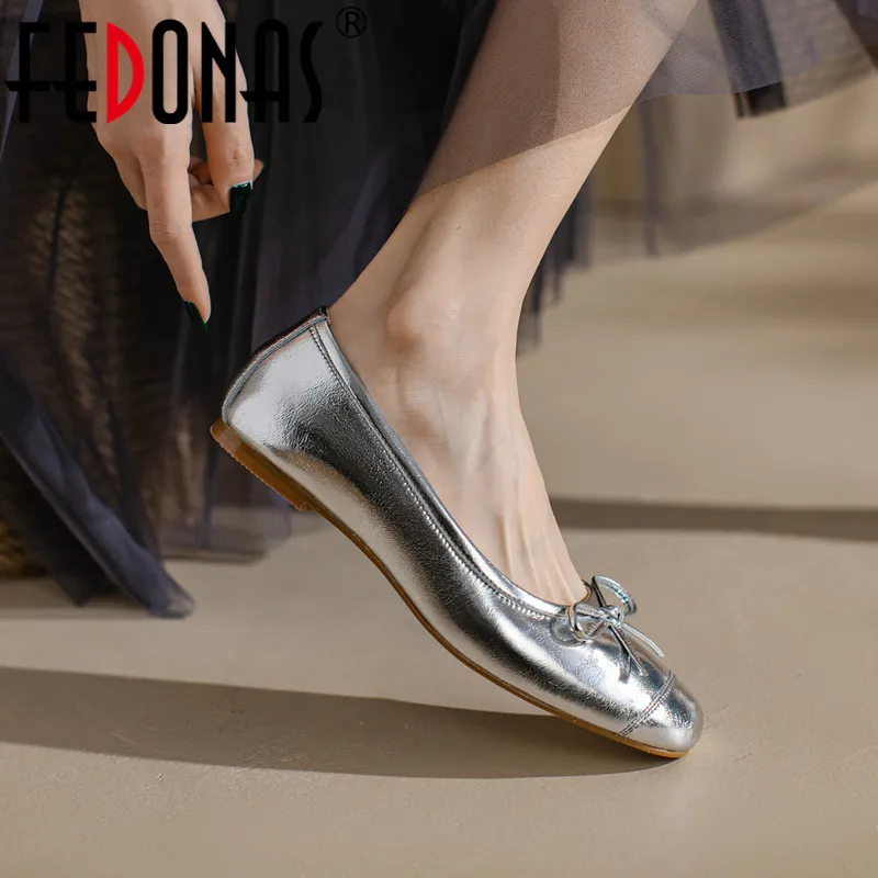 

FEDONAS Spring Autumn Concise Women Flats New Arrival Genuine Leather Comfortable Sweet Butterfly-Knot Dress Ladies Shoes Woman
