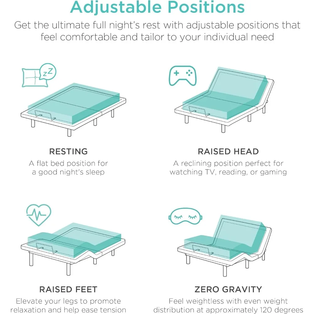 Adjustable Bed Frame, Electric Base w/Wireless Remote Control, Nightlight, Massager, 2 USB Ports, Bed Frames 4