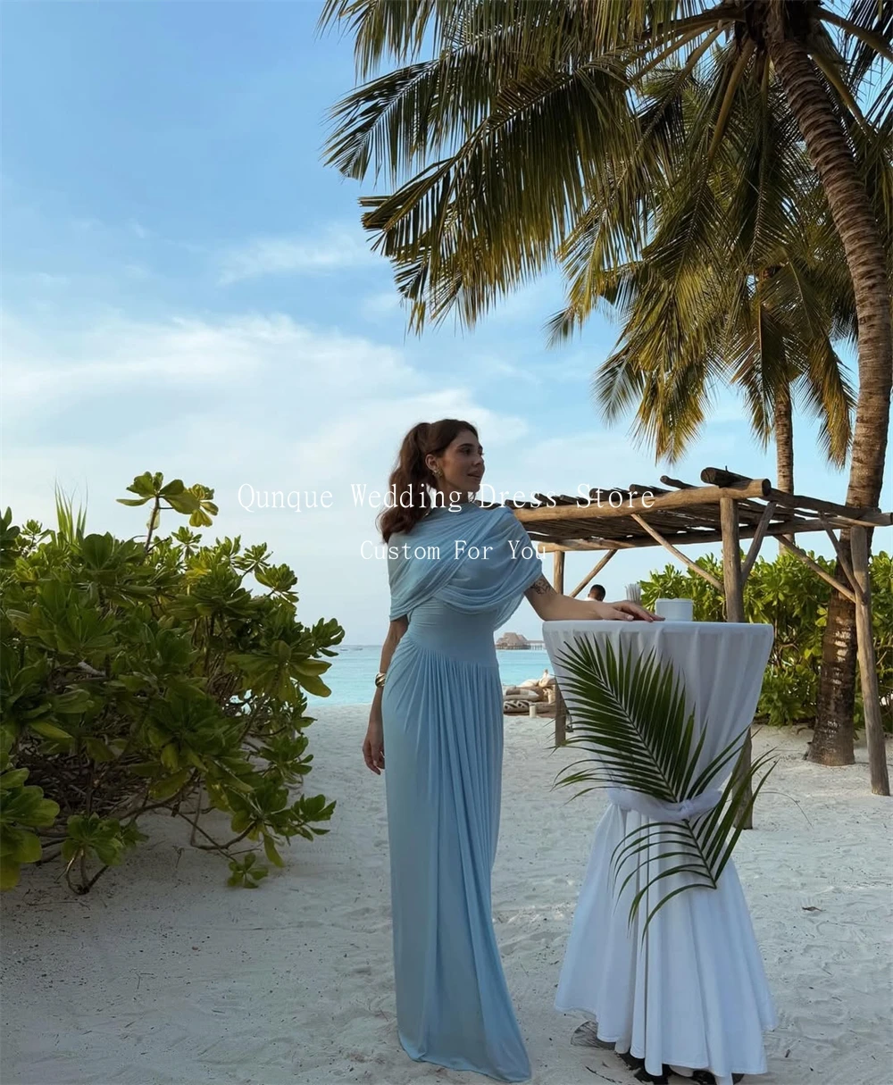 Qunque Romantic Beach Evening Dress Cocktail Dresses Sky Blue Chiffon Pleated Long Women Vestido De Gala Noche Mujer Customized