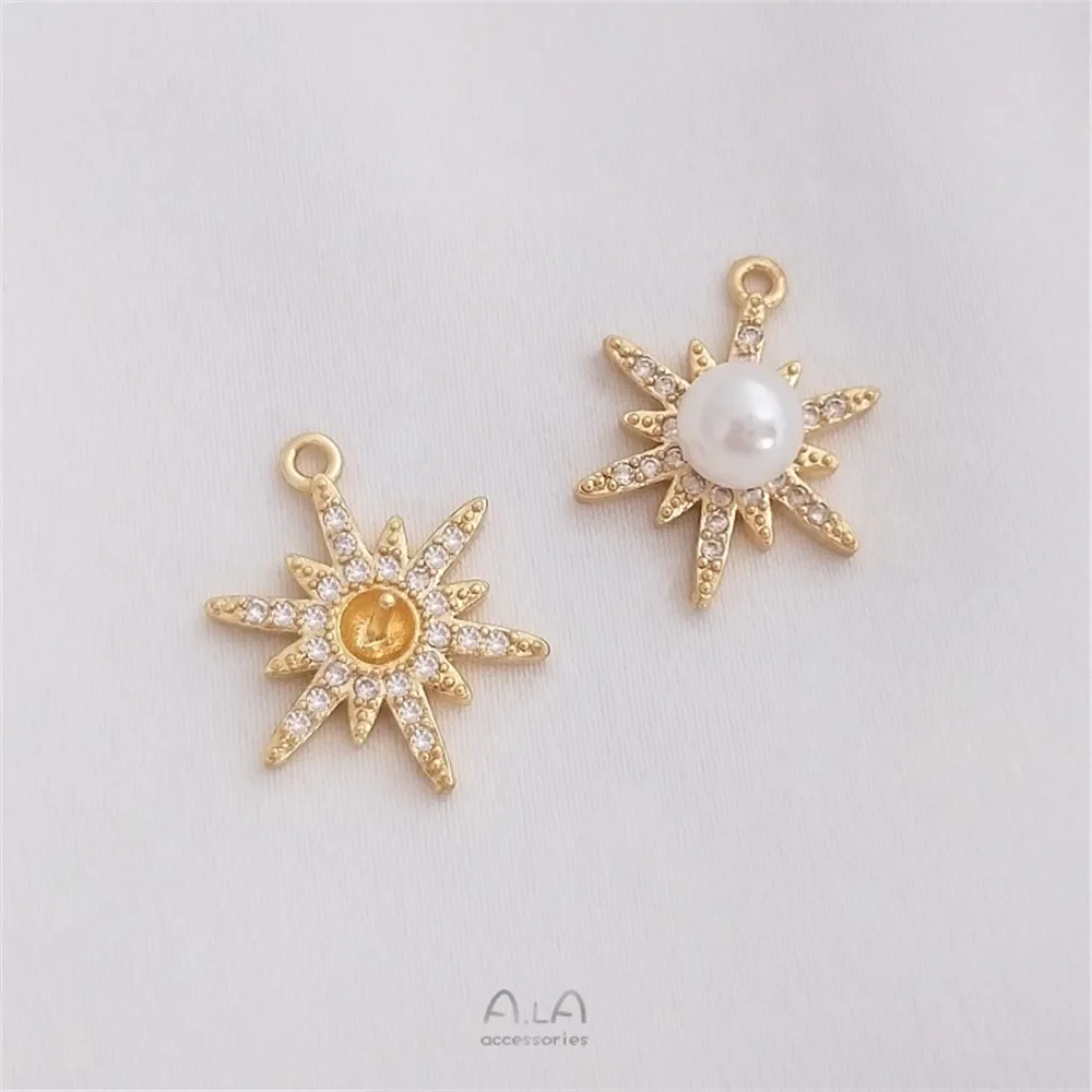 14K Gold Plated Micro Set Zircon Mang Star Snowflake Half Hole Pearl Holder Pendant DIY Star Pendant C093 14k gold micro inlaid zircon v shaped moon pentagonal star half hole pearl earring diy earring material e274