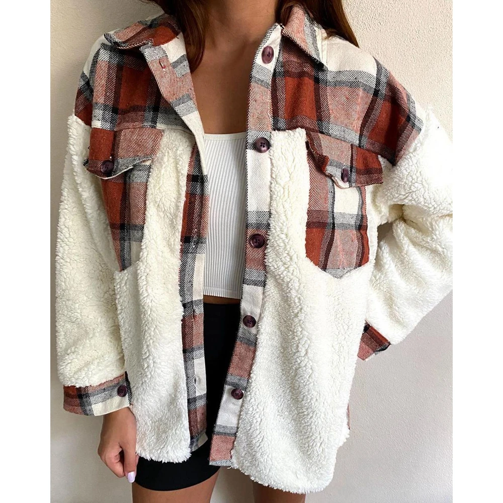 Autumn Women Plaid Print Pocket Design Colorblock Teddy Shirt Coats Femme Long Sleeve Turn-down Collar Fluffy Loose Jackets autumn retro plaid print ladies tops outerwear women casual turn down collar single breasted coats streetwear pocket long jacket