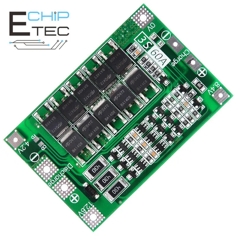 3S 12.6V 60A 18650 Li-ion Lithium Battery BMS Protection Board with Balance for Drill Motor