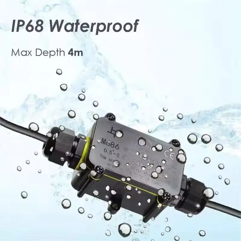 Outdoor Waterproof Black Junction Box - IP68 Rated, 3-Way Mini Connector with Durable ABS and PC Plastic