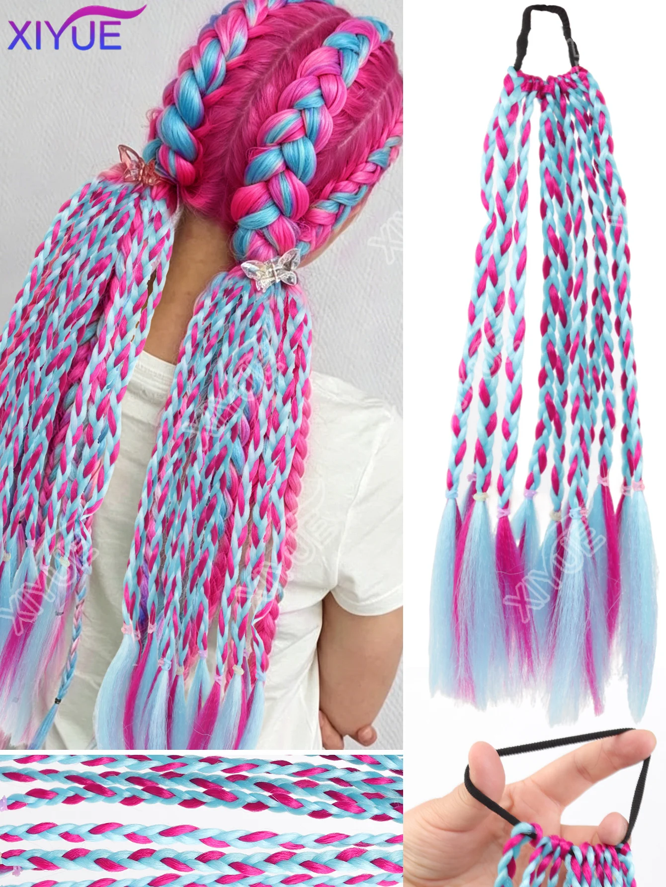 합성 레이크 블루 하이라이트 피치 레드 가발 포니테일 헤어 액세서리 헤어 장식..