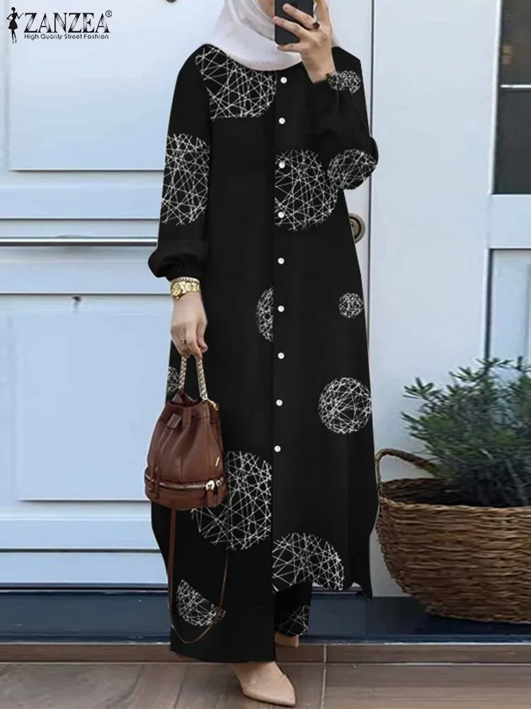 ZANZEA Fashion Muslim Sets 2PCS Turkey Abaya Suit Long Sleeve Printed Blouse Women Loose Matching Sets Causal Trousers Suits
