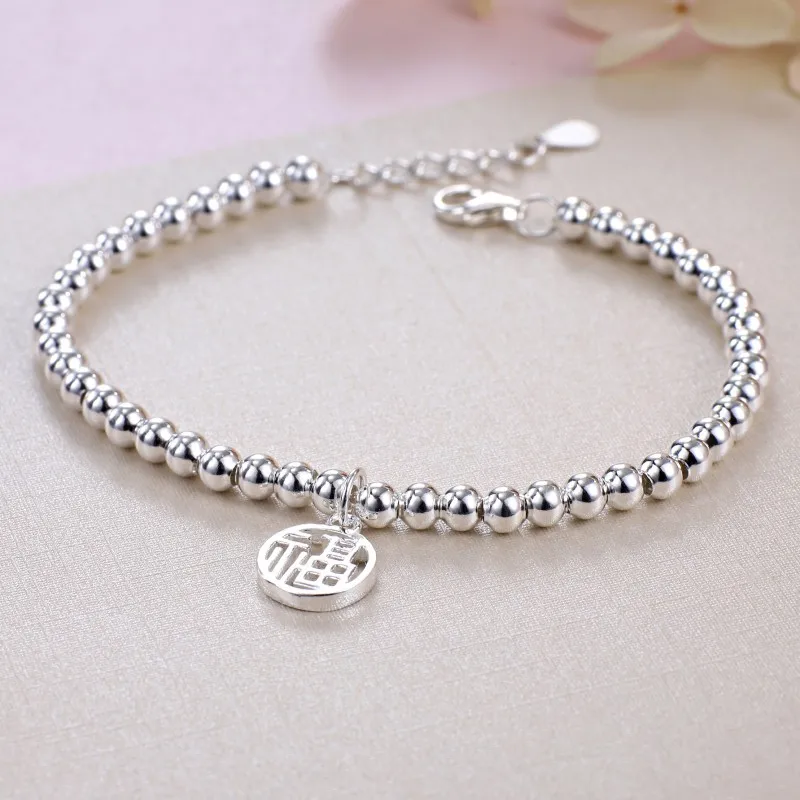 

Pure 999 Fine Silver Bracelet For Women 4mm Beaded Bracelet Lotus Blessing Charms 18cm Length