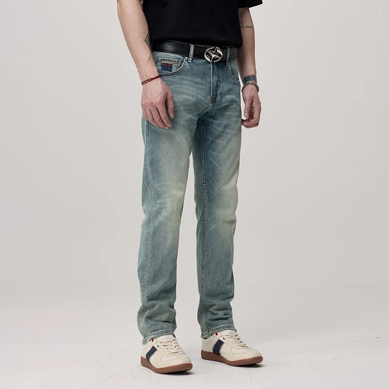 

Джинсы мужские стрейчевые, модные дизайнерские брюки из денима, винтажные классические, потертые, синие, приталенные, в стиле ретро