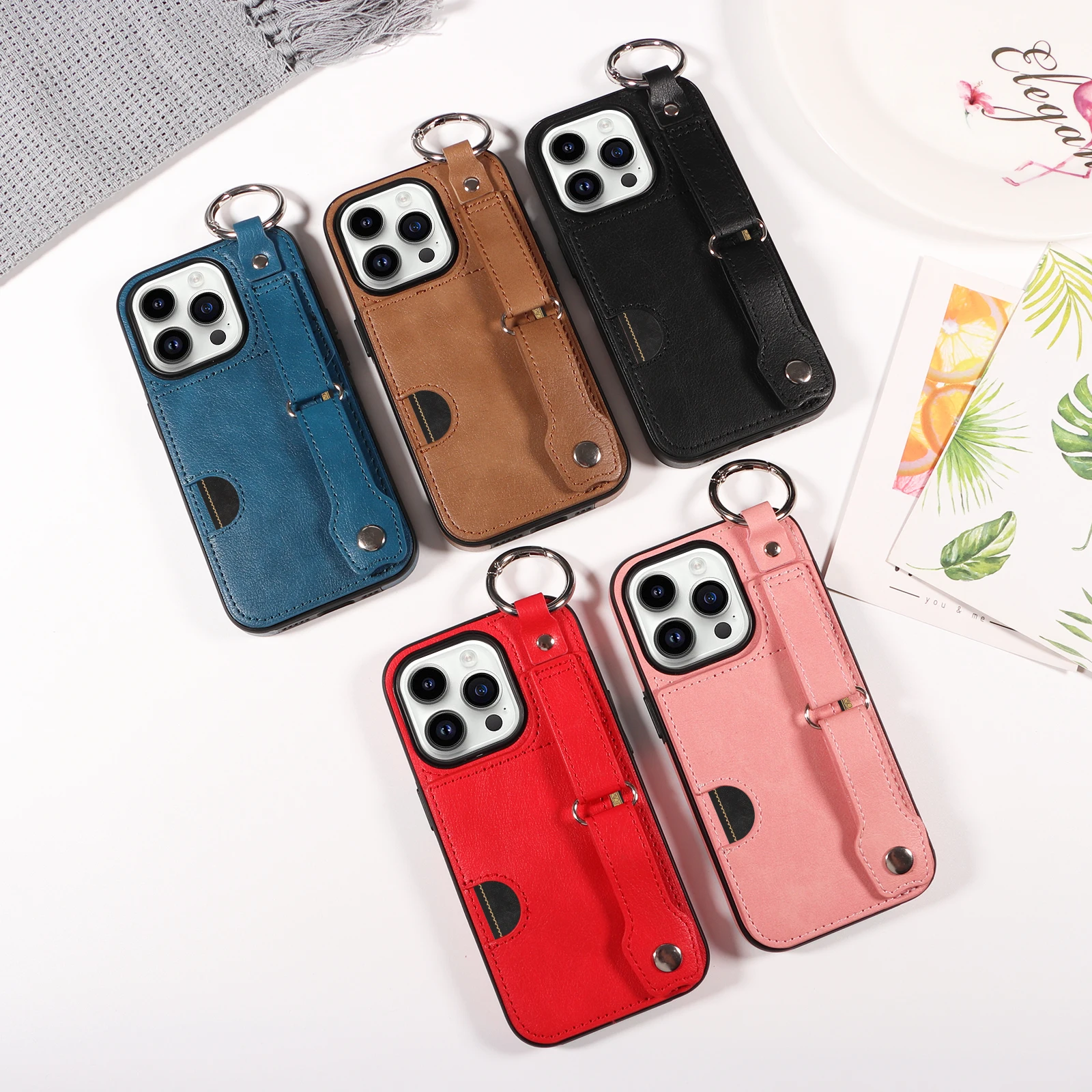 Wristband Ring Holder Cards Solt Wallet Leather Case For iPhone 15 Pro Max 14 Plus 13 12 11 XS SE2022 Pocket Bag Kickstand Cover_voghion.com