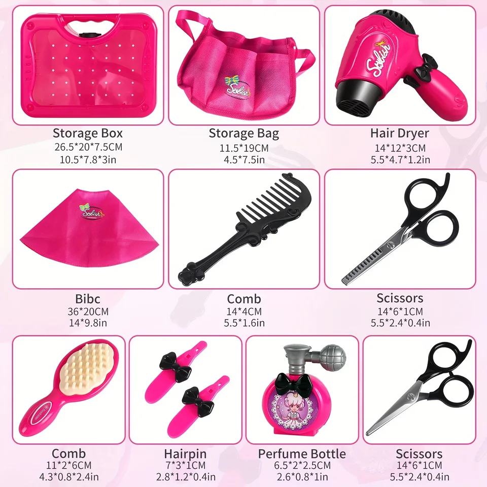 Beauty Shop Pretend Play Set - Hairdressing Toy With Mirror, Brush, Dryer & Clips For Girls