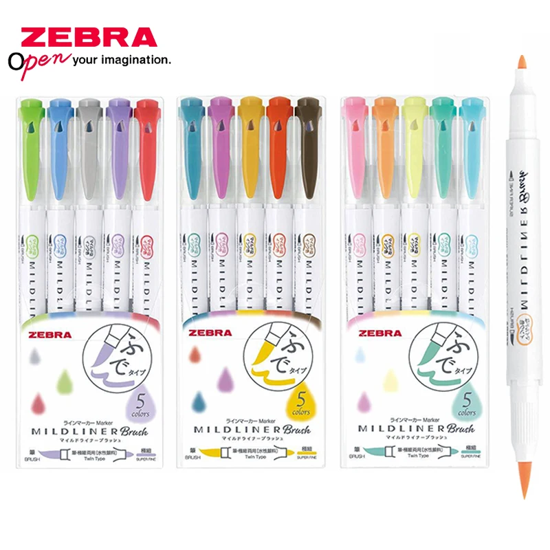 

5 Color Set ZEBRA Highlighter WFT8 Soft Brush Double Headed Marker High Light Watercolor Pen Student Stationery School Supplies