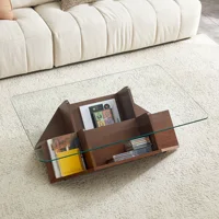 Table basse multi-rangement avec verre trempé et MDF, finition noyer, avec compartiments spacieux pour salon et bureau 1