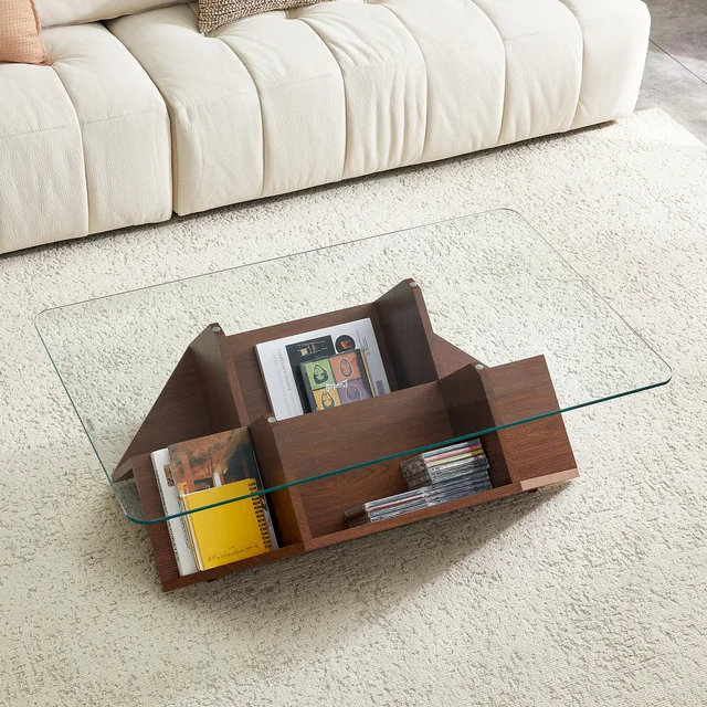 Table basse multi-rangement avec verre trempé et MDF, finition noyer, avec compartiments spacieux pour salon et bureau 1