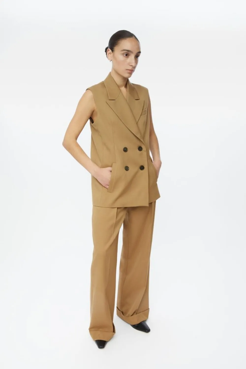 Fashion Khaki Womens Suit 2 Pieces Double Breasted Classic Elegant Sleeveless Shirt With High Waist Wide Casual Customized