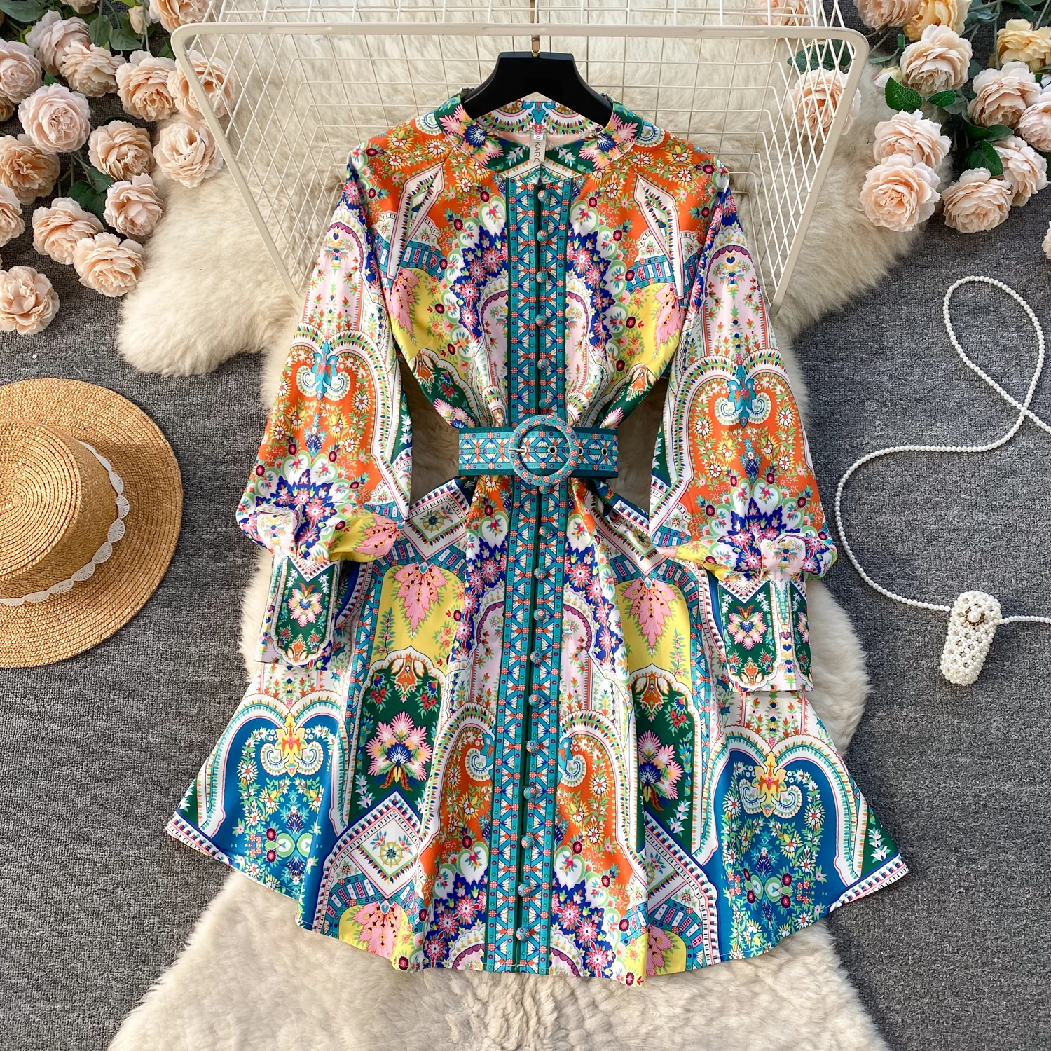 

Clothland Women Elegant Floral Mini Dress Belt Long Sleeve A Line Sashes One Piece Female Retro Chic Dresses Vestido QD357