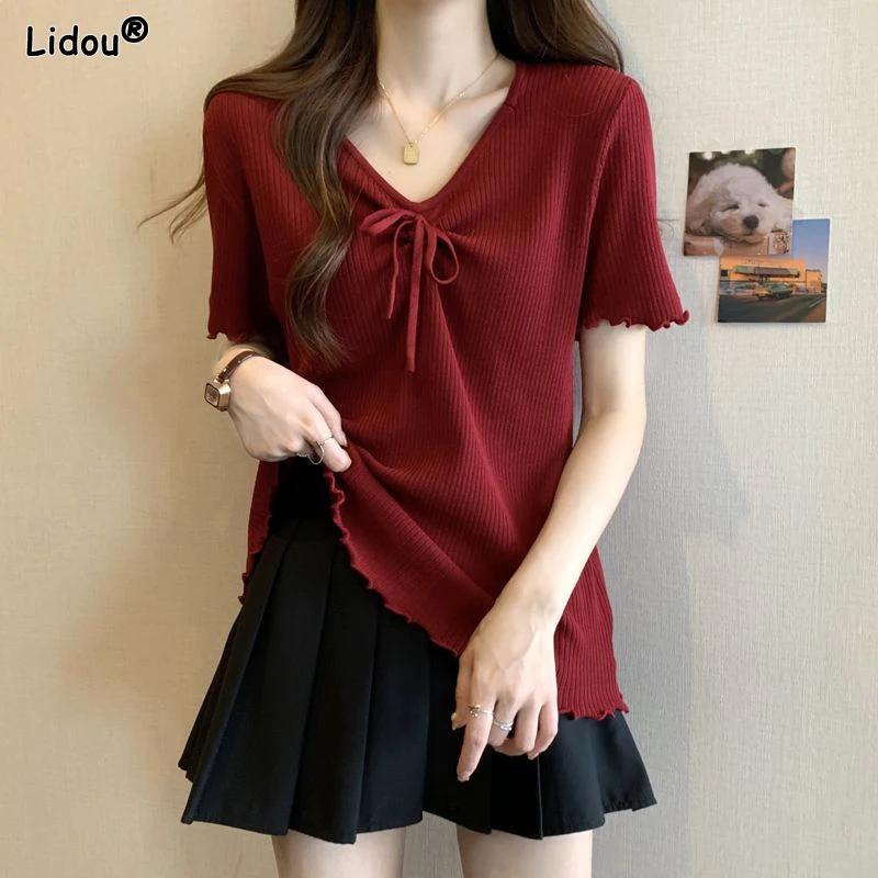 

Skinny Short Sleeve Temperament Pullovers T-Shirt Solid Color Thin Summer V-neck Elegant Fashion Bow Tie Women's Clothing 2023