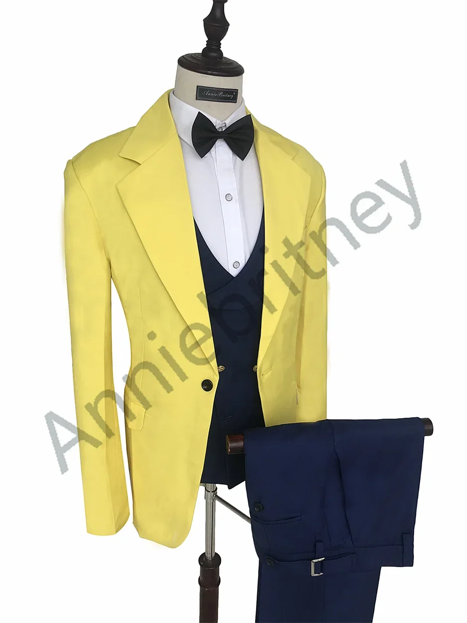 Description Picture 6 of itemBlue Jacket Yellow Vest Pants Fashion Men Suit Casual Slim Fit Blazers Hombre Prom Party High Quality Custom 3 Piece Set Costume