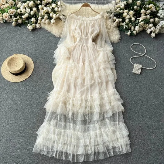 Cake Dress Women Long Dresses Ruffles A Line Slim Fit Streetwear Off Shoulder Full Sleeve Elegant Y2k Party Night High Waist