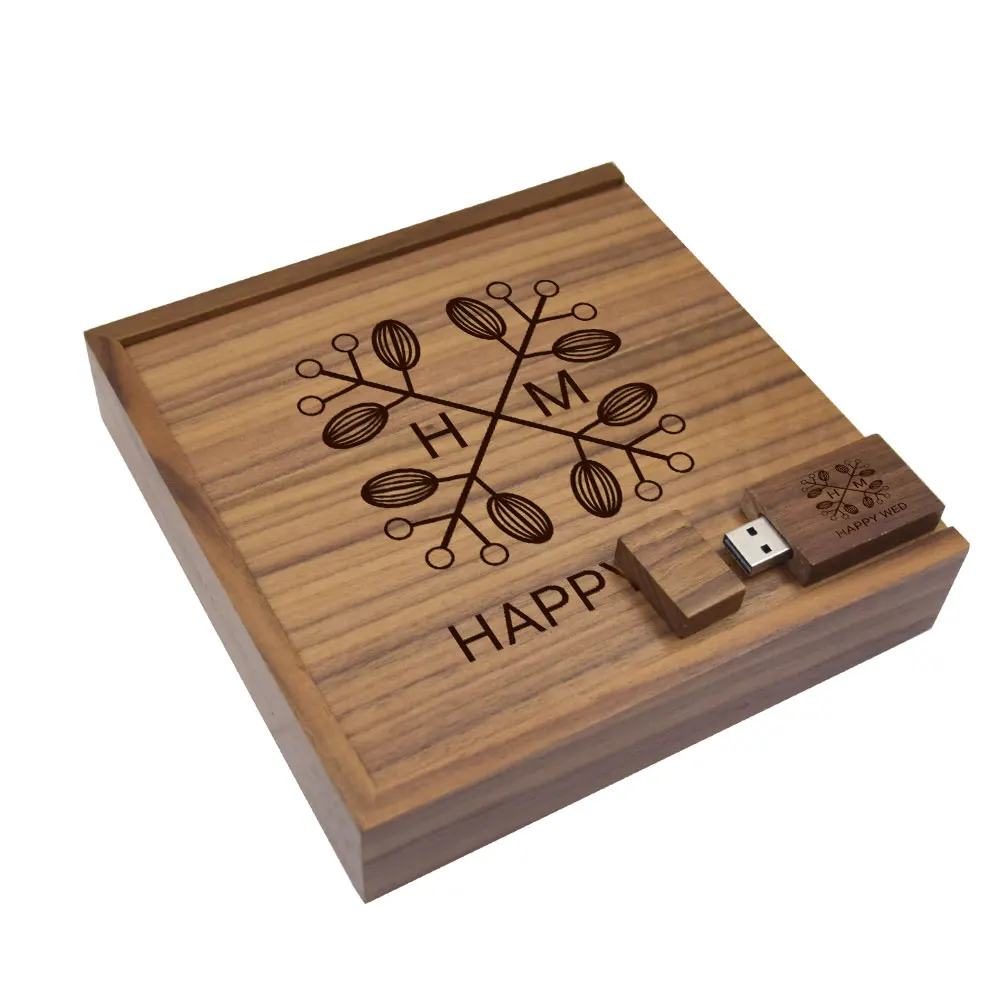 무료 로고 각인 호두나무 사진앨범 나무 USB+박스 메모리 스틱 펜드라이브 4GB 8GB 16GB 32GB 64GB 128GB 사진 선물 (170*170*35mm)