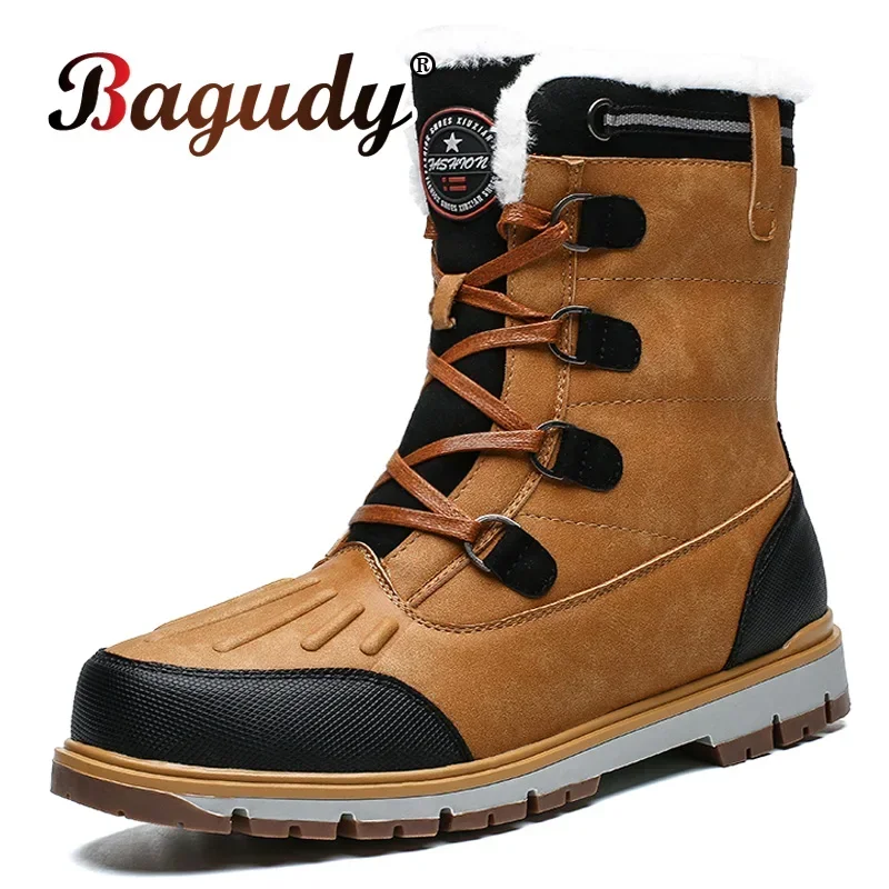 Fashion Men's Winter Boots Warm Fur High-top Snow Boot Men Waterproof Leather Platform Boots Outdoor Non-slip