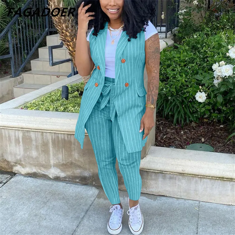 FAGADOER Striped Print Two Piece Set Women Sleeveless Blazer Coat And Sashes Pants Outfits Office Lady Elegant Work 2pcs Suits