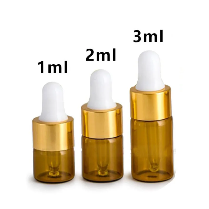 

20Pcs 1/2/3 ml Amber Glass Essential oil Aromatherapy Dropper Bottles Gold Aluminum Cap Reagent Drop Eye Liquid Pipette Bottle