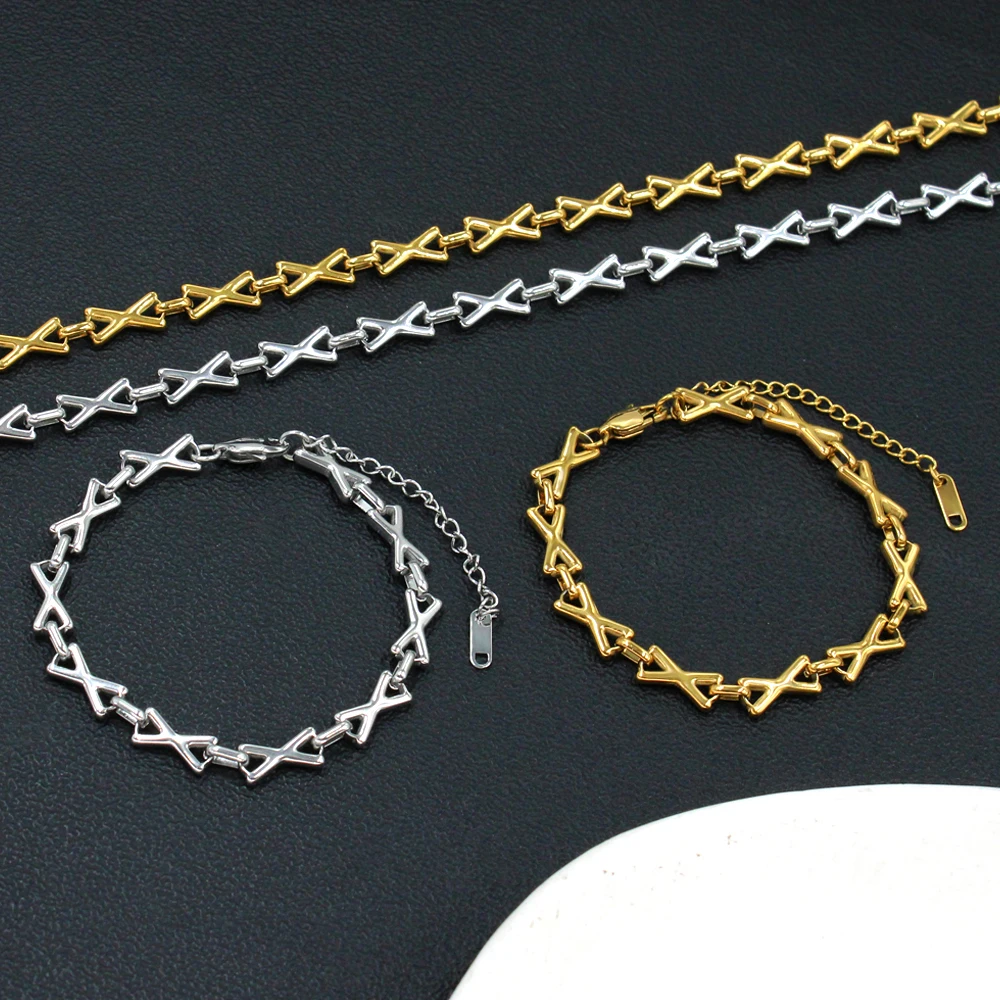Trendy 304L Stainless Steel X Letter Link Chain Jewelry Set Premium Gold PVD Plated Polished Wholesale Accessories Waterproof