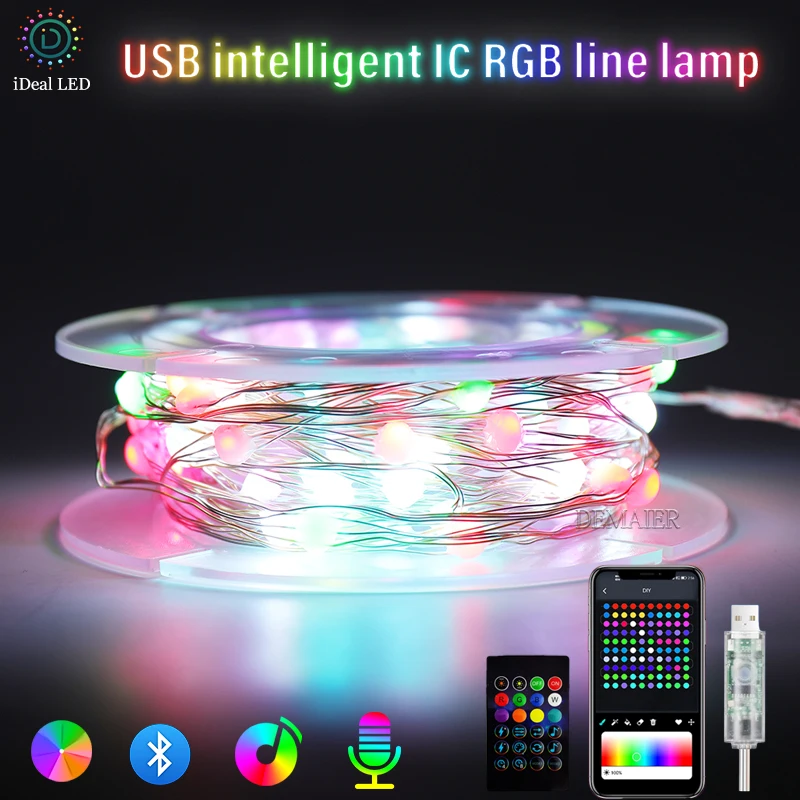 thumbnail image 1 of Guirnalda de luces LED inteligente con Bluetooth y USB, guirnalda de luces de alambre de cobre, lámpara con control remoto por aplicación, decoración para árbol de Navidad, 5 m, 10 m, 20 m y 30 m, 1 of 5