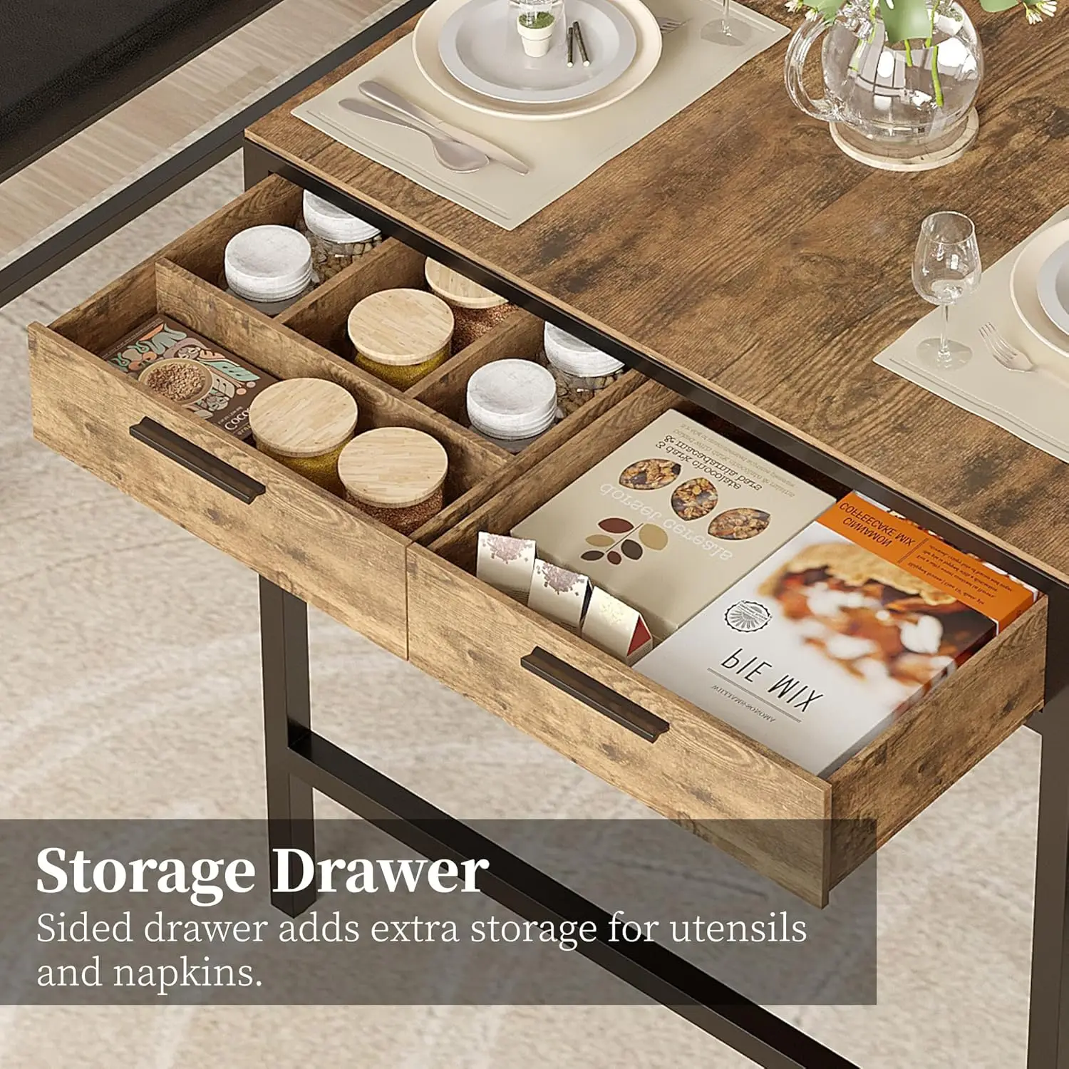 new-65" Dining Table Set for 4-6, 3-Piece Kitchen Set with 2 Utensil Drawers, 2 Benches & Wine Rack, Space Saving & Heavy Duty