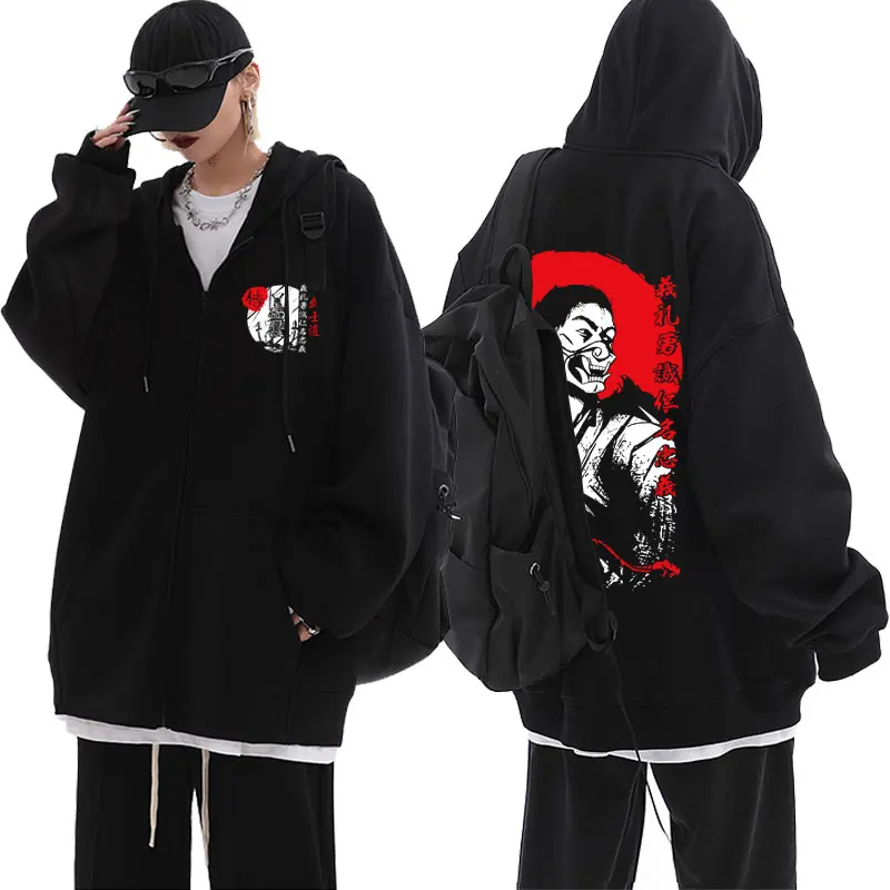 

Anime Samurai Spirit Zipper Hoodie Japanese Bushido Swordsman Sweatshirt Vintage Coat Men Women Manga Oversized Zip Up Jacket