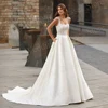 Modern Stain Square Collar Wedding Dresses A Line Applique Lace Bride Gown With Pockets Backless Sleeveless For Women Customized 1