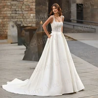 Modern Stain Square Collar Wedding Dresses A Line Applique Lace Bride Gown With Pockets Backless Sleeveless For Women Customized 1