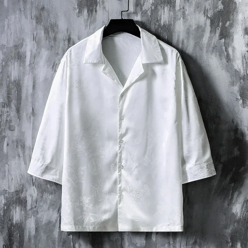 

Summer New Men's Bamboo Leaves Jacquard Casual Shirt Fashion Loose Short-sleeved Blouse Chinese Silk Asian Smooth Satin Clothing